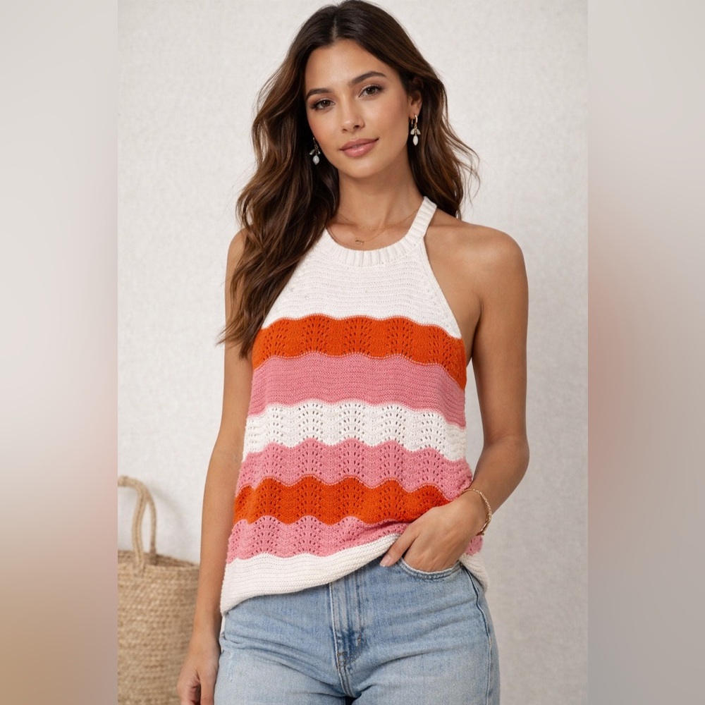 THML Striped Knit Halter Tank Top in White, Orange & Pink